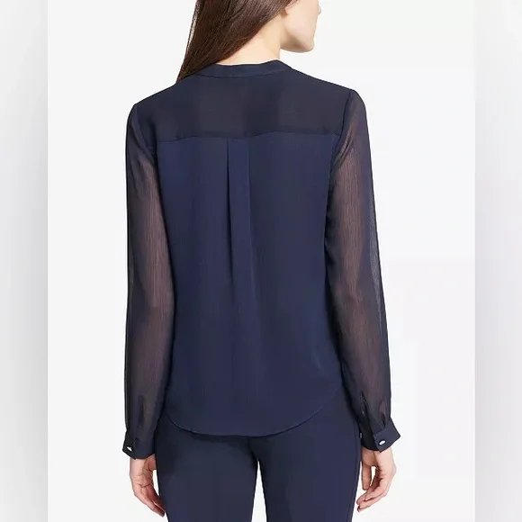 TOMMY HILFIGER Women's Classic Long Sleeve Ruffle Front Blouse Blouse - Midnight - Picture 2 of 11